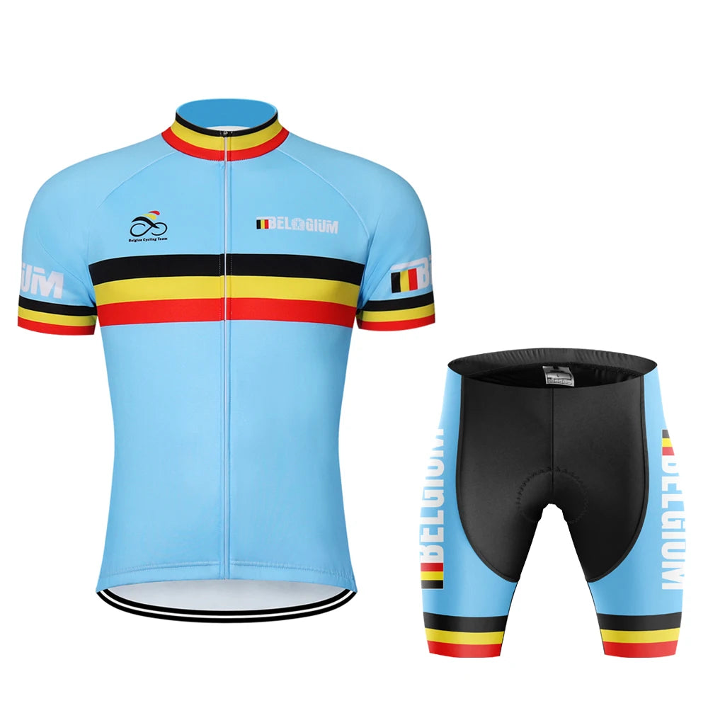 belgium racing Cycling jersey Men Short sleeve Set Bicycle Suit Mtb  Clothes Triathlon Retro Skinsuit Summer Bib shorts Blue VestraGear