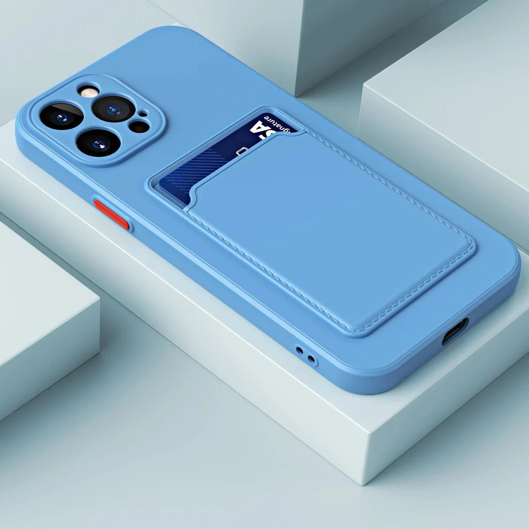 Siliconen iPhone Hoesje met Kaarthouder Contrasterende Knoppen Geïntegreerde Camerabescherming Stijlvol | Sansoti 11