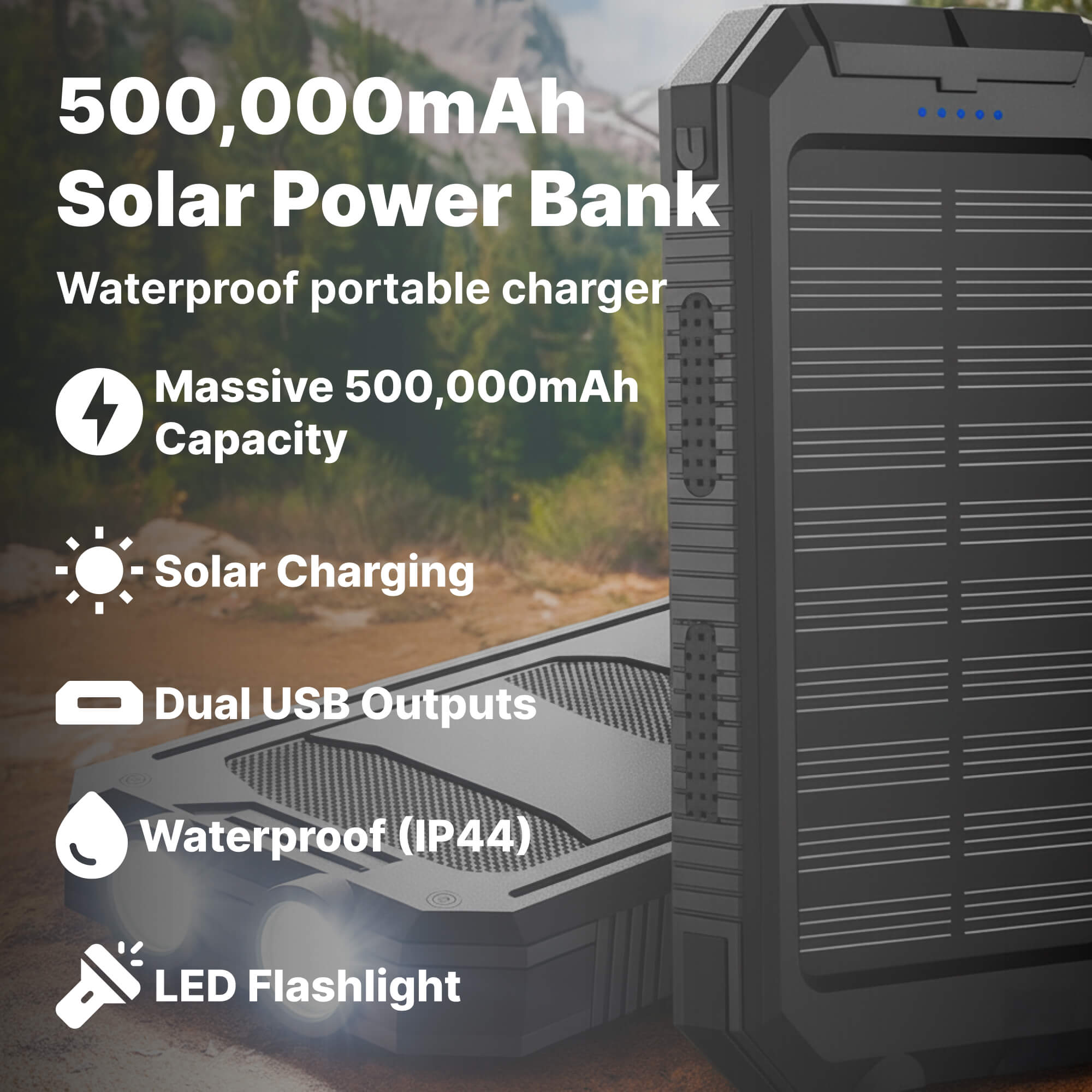 Solar Powerbank 500000mAh Waterdicht Externe Accu met Dual USB en LED Zaklamp voor Camping en Noodgevallen | Sansoti 2