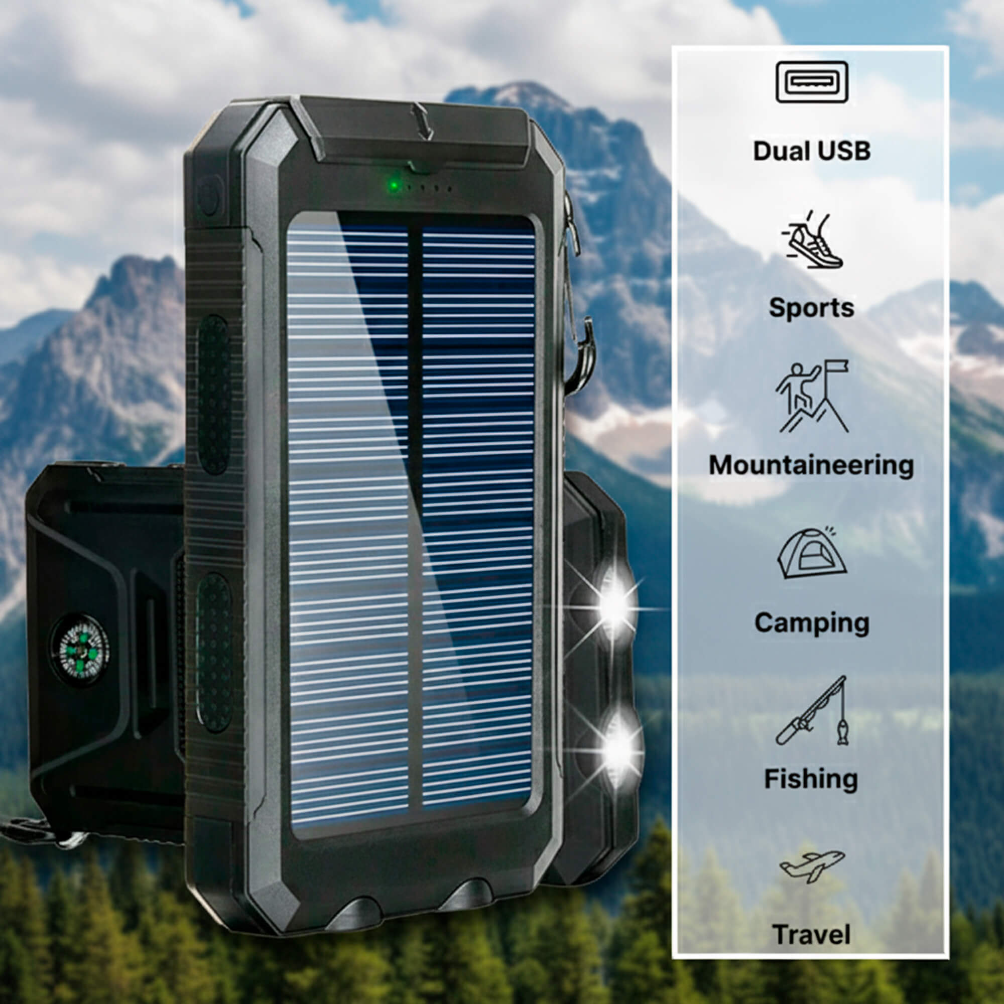 Solar Powerbank 500000mAh Waterdicht Externe Accu met Dual USB en LED Zaklamp voor Camping en Noodgevallen | Sansoti 4