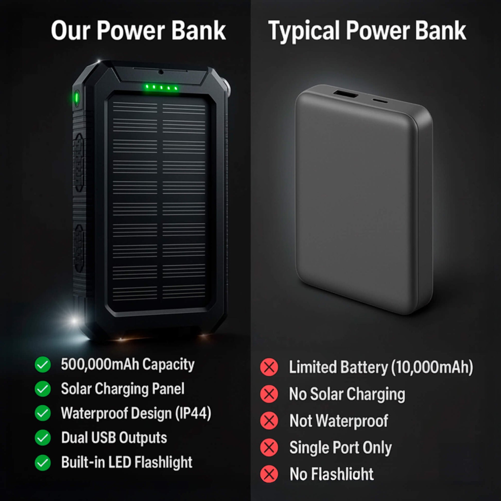 Solar Powerbank 500000mAh Waterdicht Externe Accu met Dual USB en LED Zaklamp voor Camping en Noodgevallen | Sansoti 7