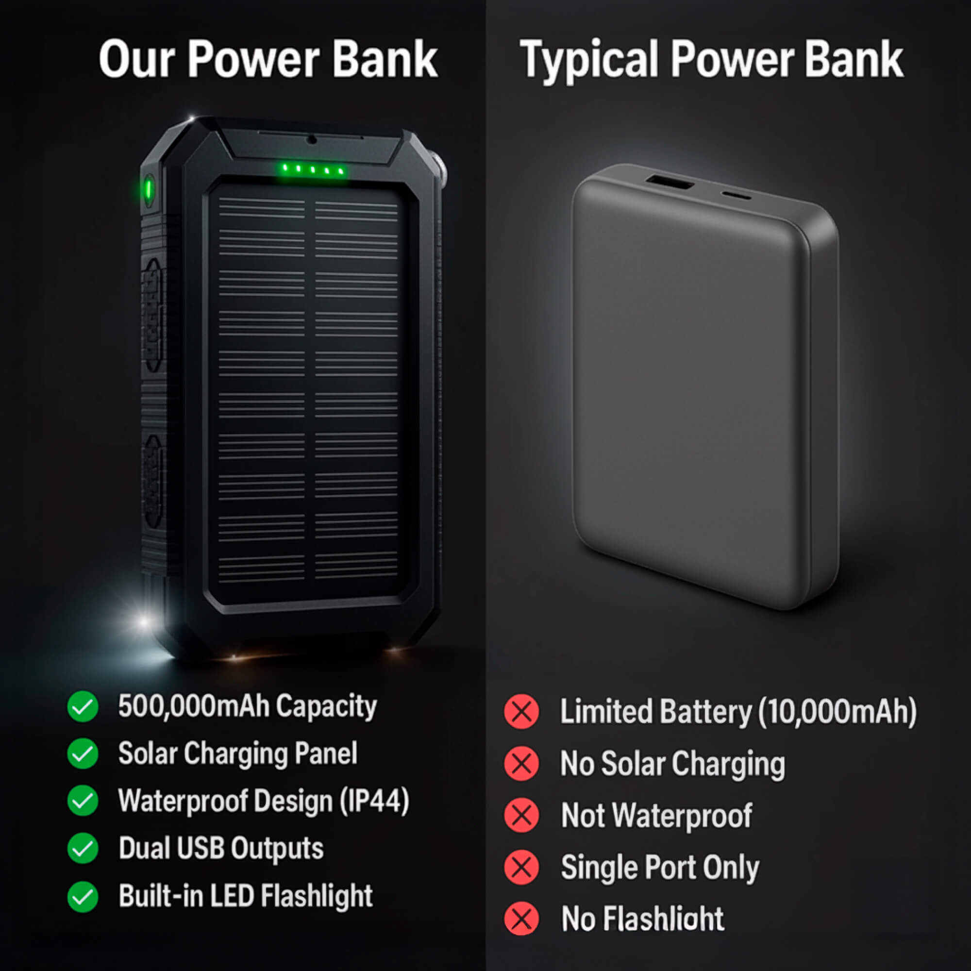 Solar Powerbank 500000mAh Waterdicht Externe Accu met Dual USB en LED Zaklamp voor Camping en Noodgevallen | Sansoti 7
