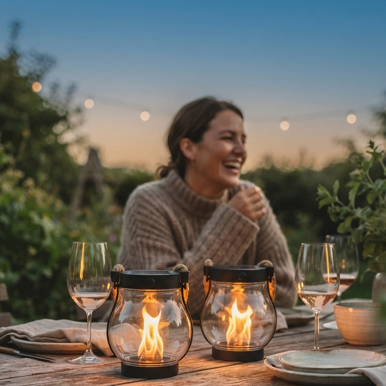 Solar tuinlantaarn (2 stuks) – LED-buitenverlichting met vlameffect en USB-C 0