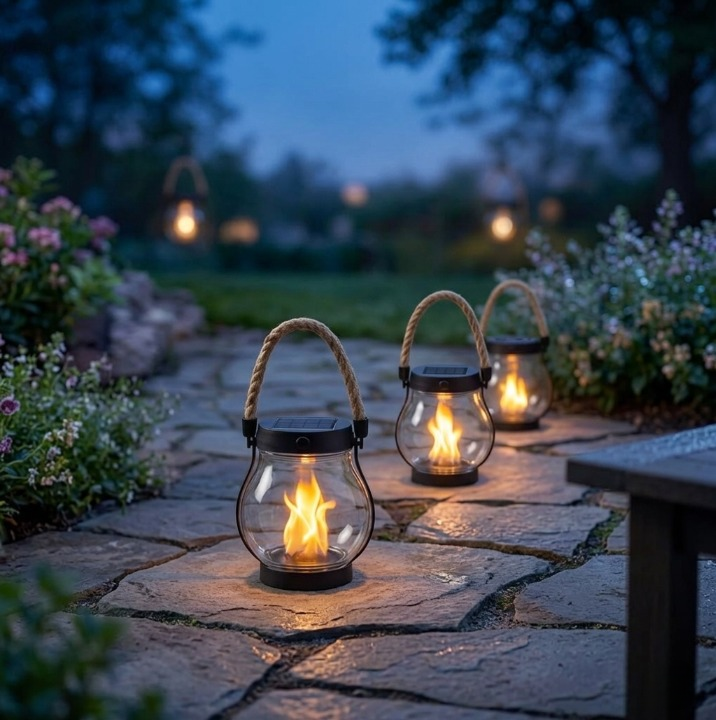 Solar tuinlantaarn (2 stuks) – LED-buitenverlichting met vlameffect en USB-C 3