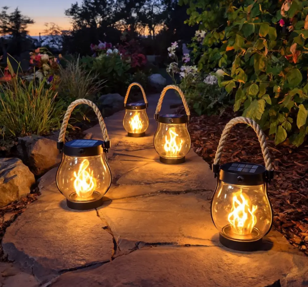 Solar tuinlantaarn (2 stuks) – LED-buitenverlichting met vlameffect en USB-C 6
