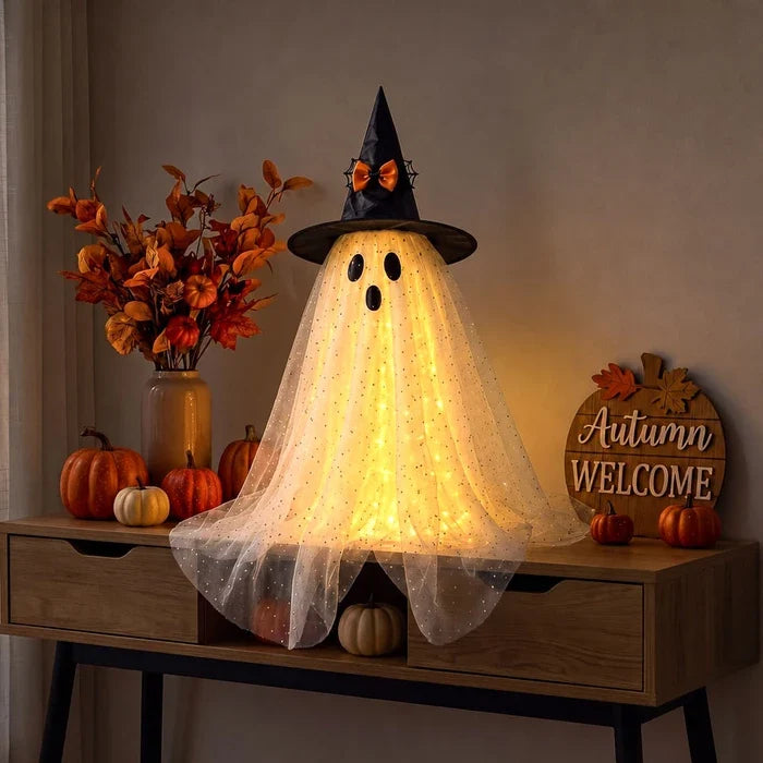 Lighted Halloween Ghost – Sparkly Tulle Ghost Figure in a Witch Hat Tevako