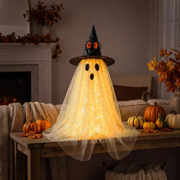 Lighted Halloween Ghost – Sparkly Tulle Ghost Figure in a Witch Hat Tevako