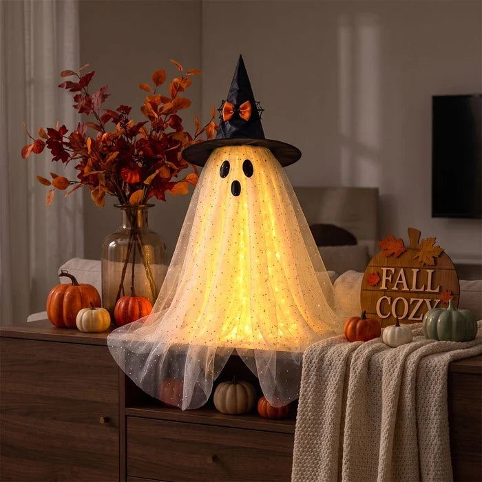 Lighted Halloween Ghost – Sparkly Tulle Ghost Figure in a Witch Hat Tevako