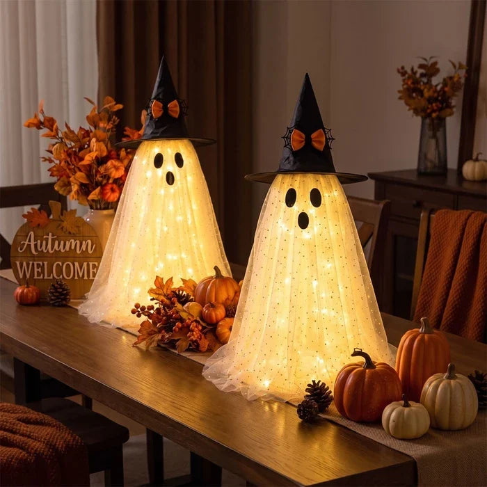 Lighted Halloween Ghost – Sparkly Tulle Ghost Figure in a Witch Hat Tevako