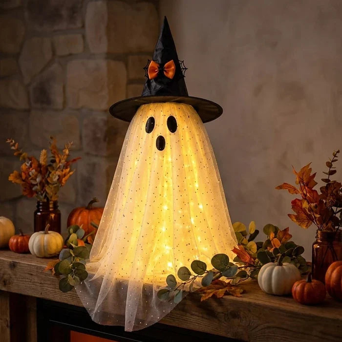 Lighted Halloween Ghost – Sparkly Tulle Ghost Figure in a Witch Hat Tevako