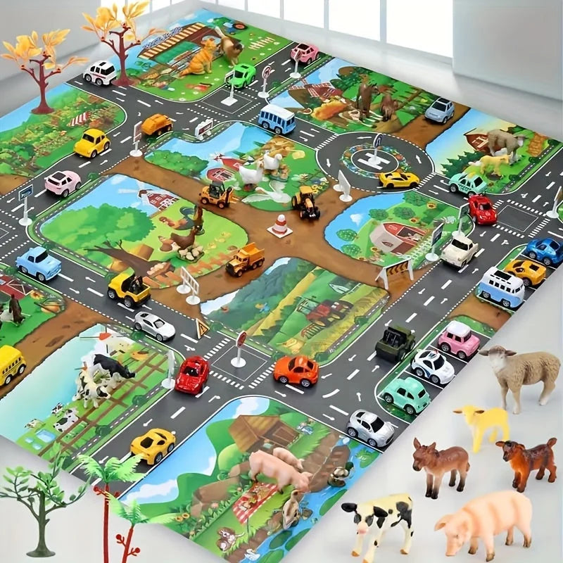 Speelkleed Kinderen 100x130cm Boerderij Wegen Antislip Speelmat Speelgoedauto&
