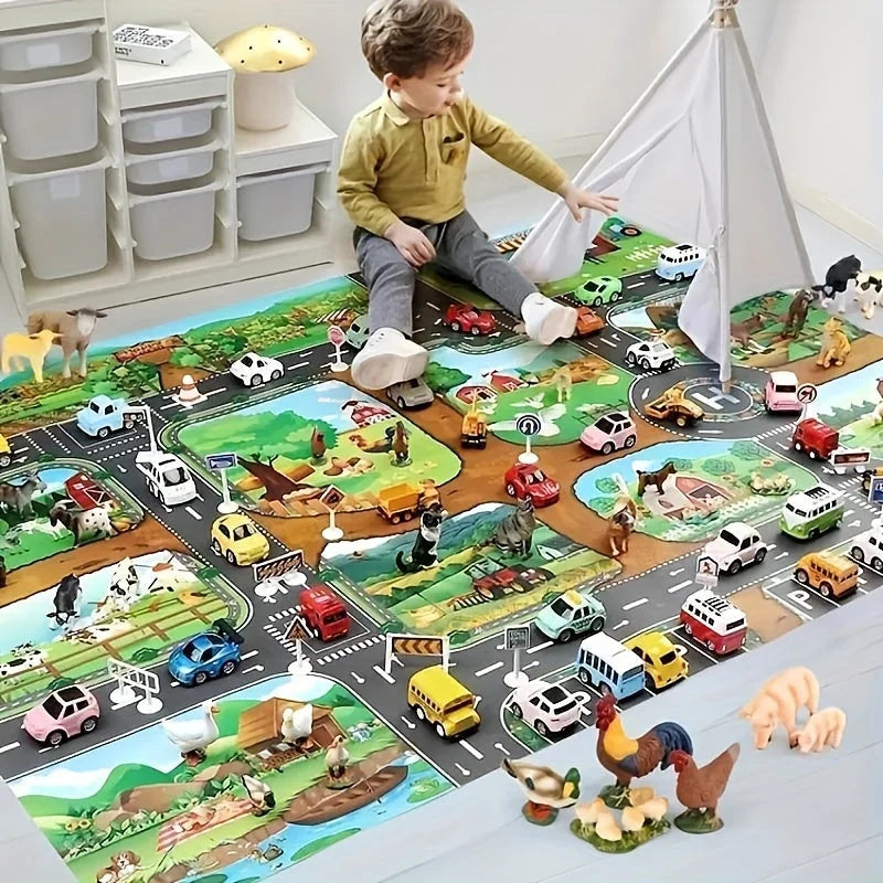 Speelkleed Kinderen 100x130cm Boerderij Wegen Antislip Speelmat Speelgoedauto&