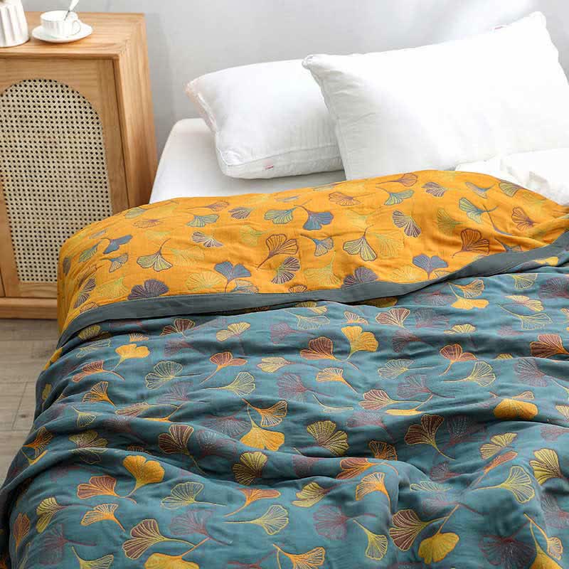 Sprei van katoen met ginkgoprint, 200x230 cm, geelblauw, slaapkamerdekbed, omkeerbare deken, tweepersoons sprei, geruit, huisdecoratie | Sansoti 0