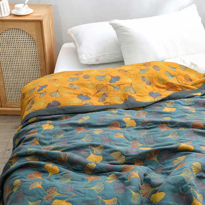Sprei van katoen met ginkgoprint, 200x230 cm, geelblauw, slaapkamerdekbed, omkeerbare deken, tweepersoons sprei, geruit, huisdecoratie | Sansoti 0