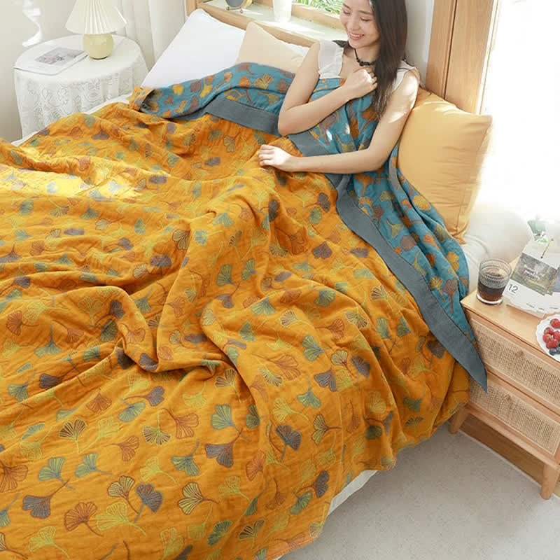 Sprei van katoen met ginkgoprint, 200x230 cm, geelblauw, slaapkamerdekbed, omkeerbare deken, tweepersoons sprei, geruit, huisdecoratie | Sansoti 1