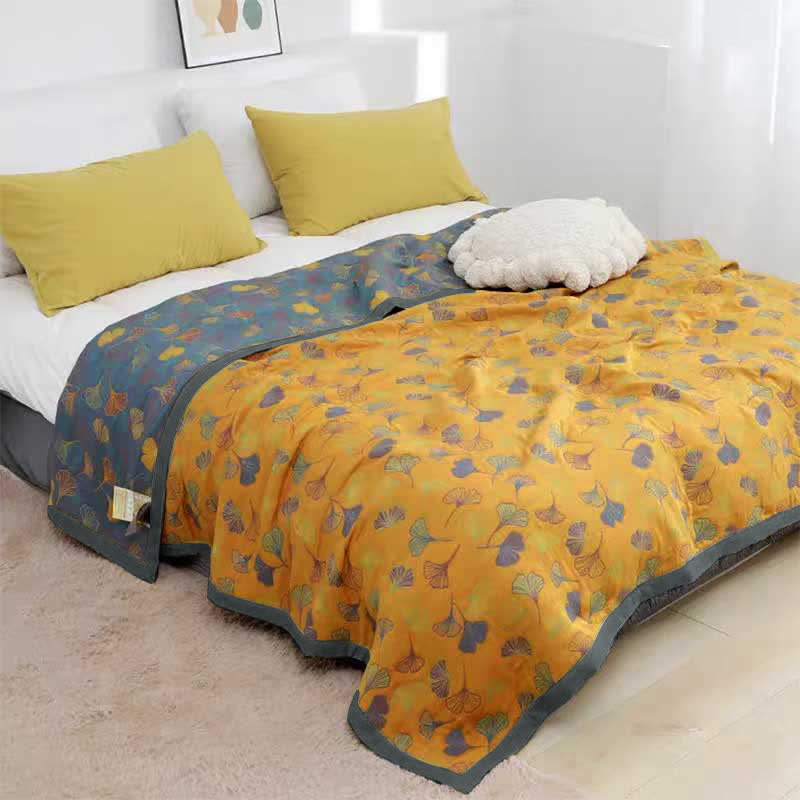 Sprei van katoen met ginkgoprint, 200x230 cm, geelblauw, slaapkamerdekbed, omkeerbare deken, tweepersoons sprei, geruit, huisdecoratie | Sansoti 3