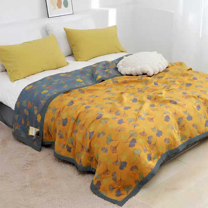 Sprei van katoen met ginkgoprint, 200x230 cm, geelblauw, slaapkamerdekbed, omkeerbare deken, tweepersoons sprei, geruit, huisdecoratie | Sansoti 3