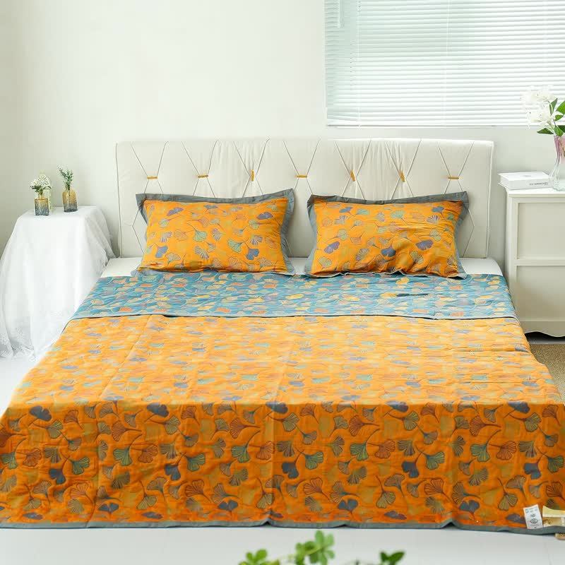 Sprei van katoen met ginkgoprint, 200x230 cm, geelblauw, slaapkamerdekbed, omkeerbare deken, tweepersoons sprei, geruit, huisdecoratie | Sansoti 4