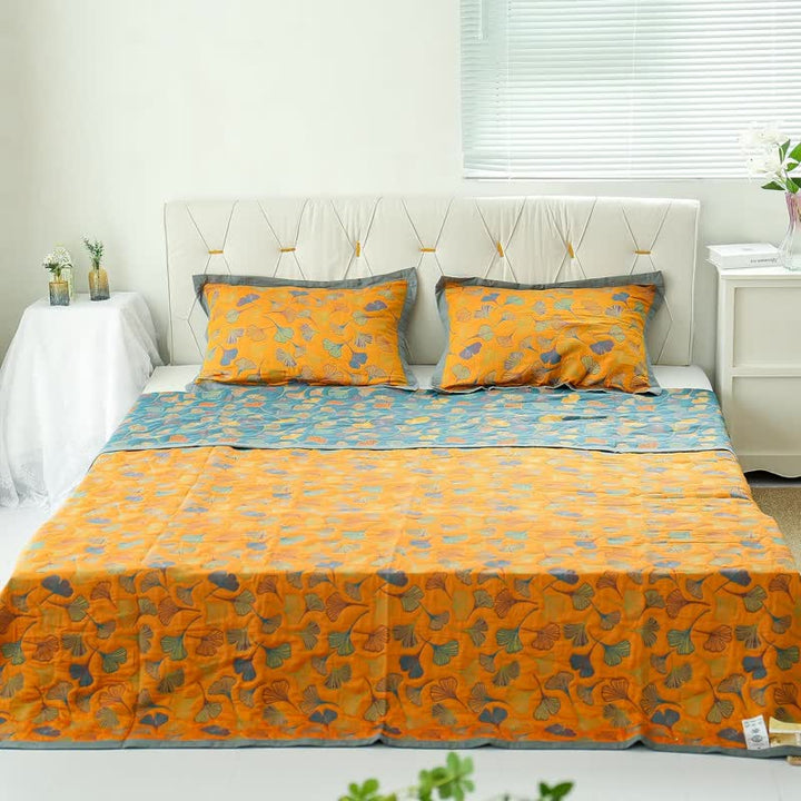 Sprei van katoen met ginkgoprint, 200x230 cm, geelblauw, slaapkamerdekbed, omkeerbare deken, tweepersoons sprei, geruit, huisdecoratie | Sansoti 4