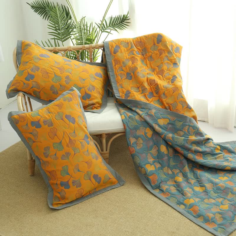 Sprei van katoen met ginkgoprint, 200x230 cm, geelblauw, slaapkamerdekbed, omkeerbare deken, tweepersoons sprei, geruit, huisdecoratie | Sansoti 5