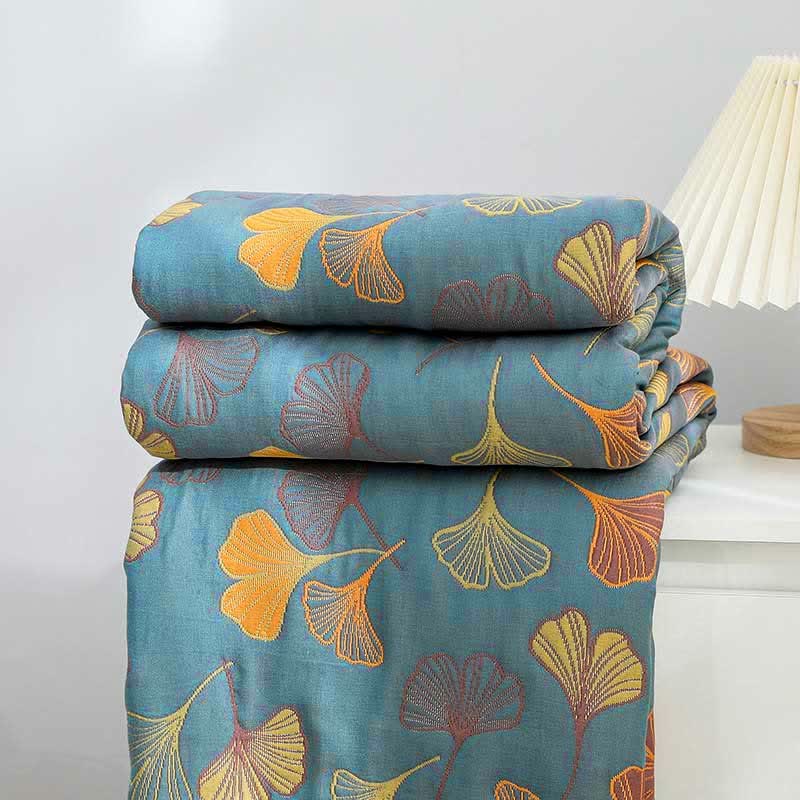 Sprei van katoen met ginkgoprint, 200x230 cm, geelblauw, slaapkamerdekbed, omkeerbare deken, tweepersoons sprei, geruit, huisdecoratie | Sansoti 6