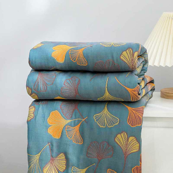 Sprei van katoen met ginkgoprint, 200x230 cm, geelblauw, slaapkamerdekbed, omkeerbare deken, tweepersoons sprei, geruit, huisdecoratie | Sansoti 6