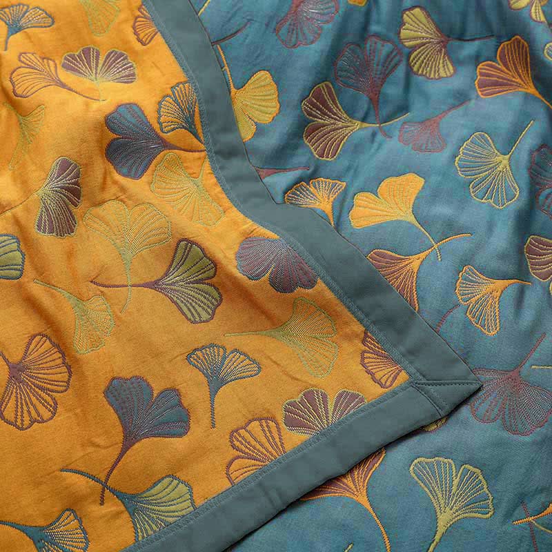 Sprei van katoen met ginkgoprint, 200x230 cm, geelblauw, slaapkamerdekbed, omkeerbare deken, tweepersoons sprei, geruit, huisdecoratie | Sansoti 7