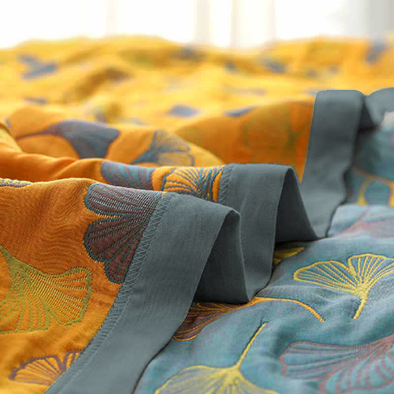 Sprei van katoen met ginkgoprint, 200x230 cm, geelblauw, slaapkamerdekbed, omkeerbare deken, tweepersoons sprei, geruit, huisdecoratie | Sansoti 8