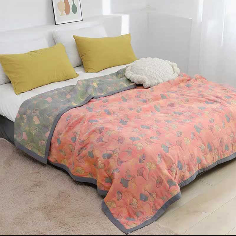 Sprei van katoen met ginkgoprint, 200x230 cm, geelblauw, slaapkamerdekbed, omkeerbare deken, tweepersoons sprei, geruit, huisdecoratie | Sansoti 9
