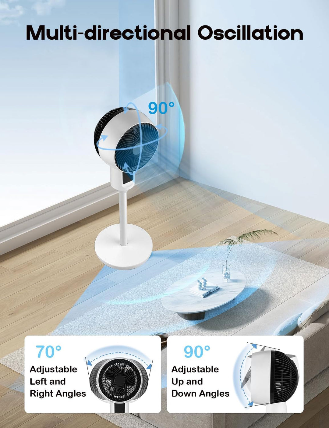 Stille Staande Ventilator met 3D-Oscillatie, Verstelbare Hoogte en Afstandsbediening 2