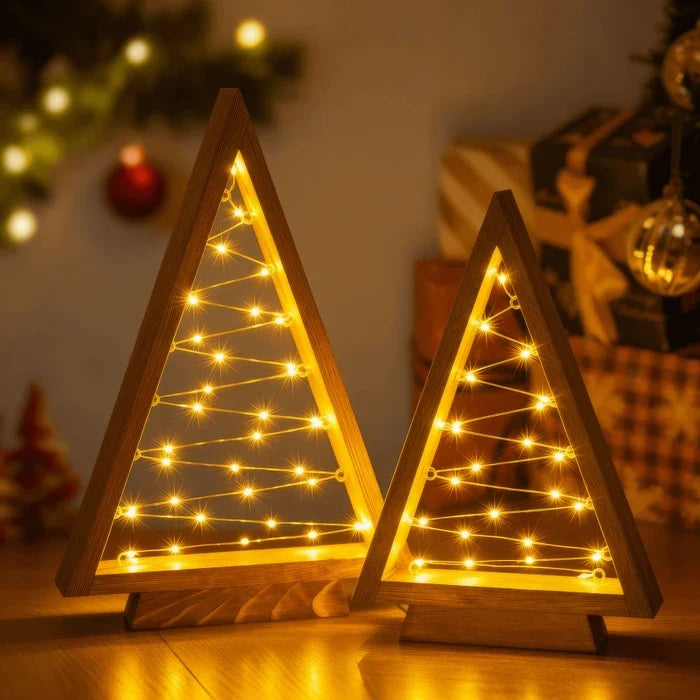 Wooden Triangle Christmas Trees – Lighted Tabletop Set With Star Fairy Lights Tevako