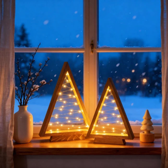 Wooden Triangle Christmas Trees – Lighted Tabletop Set With Star Fairy Lights Tevako
