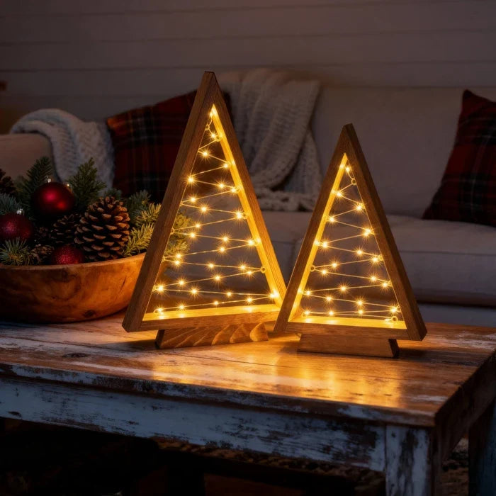 Wooden Triangle Christmas Trees – Lighted Tabletop Set With Star Fairy Lights Tevako