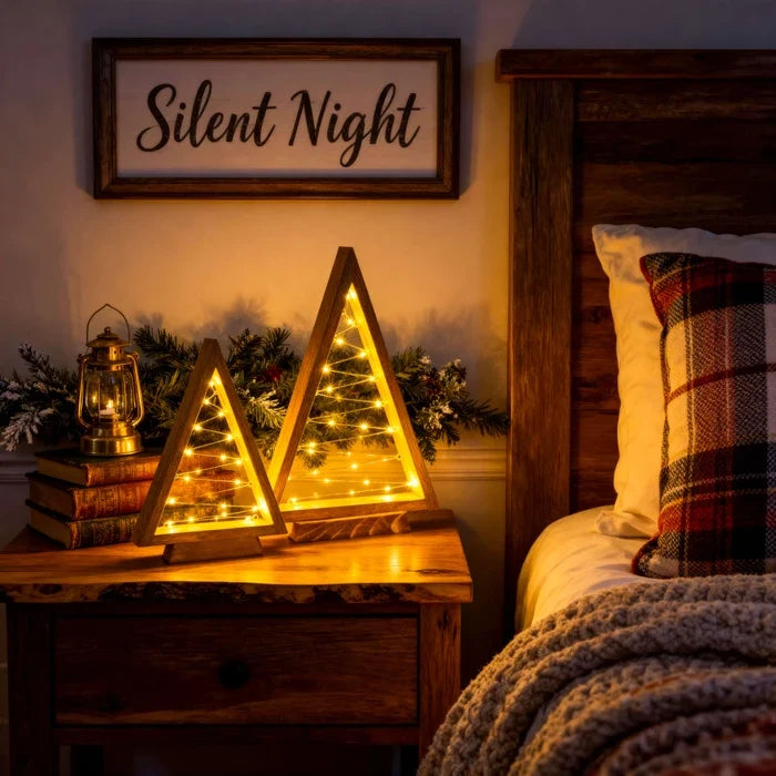 Wooden Triangle Christmas Trees – Lighted Tabletop Set With Star Fairy Lights Tevako