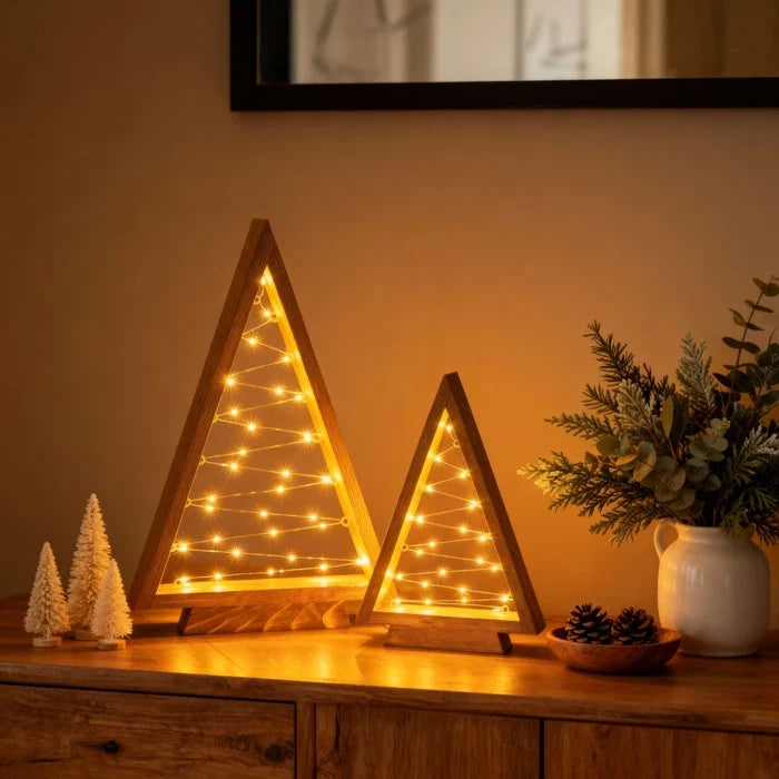 Wooden Triangle Christmas Trees – Lighted Tabletop Set With Star Fairy Lights Tevako