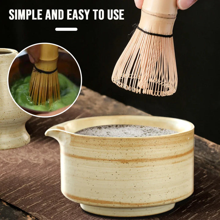 Set Matcha japonés Matchora – Set de té japonés de 4 piezas de 100% bambú con cuenco, batidor, cuchara y soporte