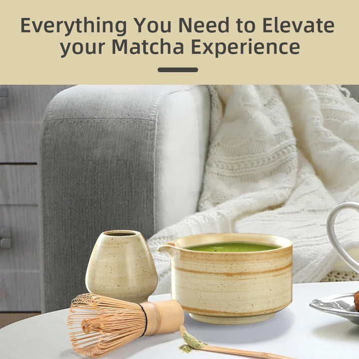 Set Matcha japonés Matchora – Set de té japonés de 4 piezas de 100% bambú con cuenco, batidor, cuchara y soporte