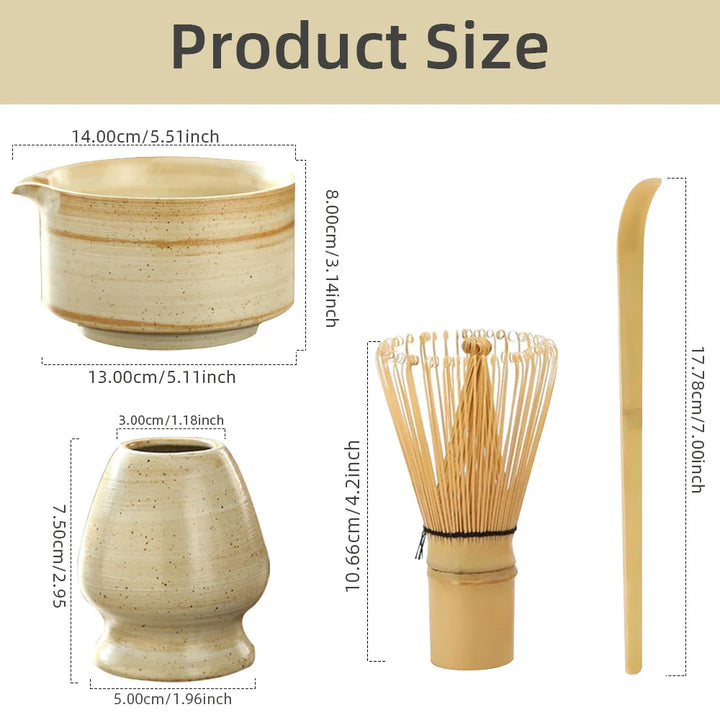 Set Matcha japonés Matchora – Set de té japonés de 4 piezas de 100% bambú con cuenco, batidor, cuchara y soporte