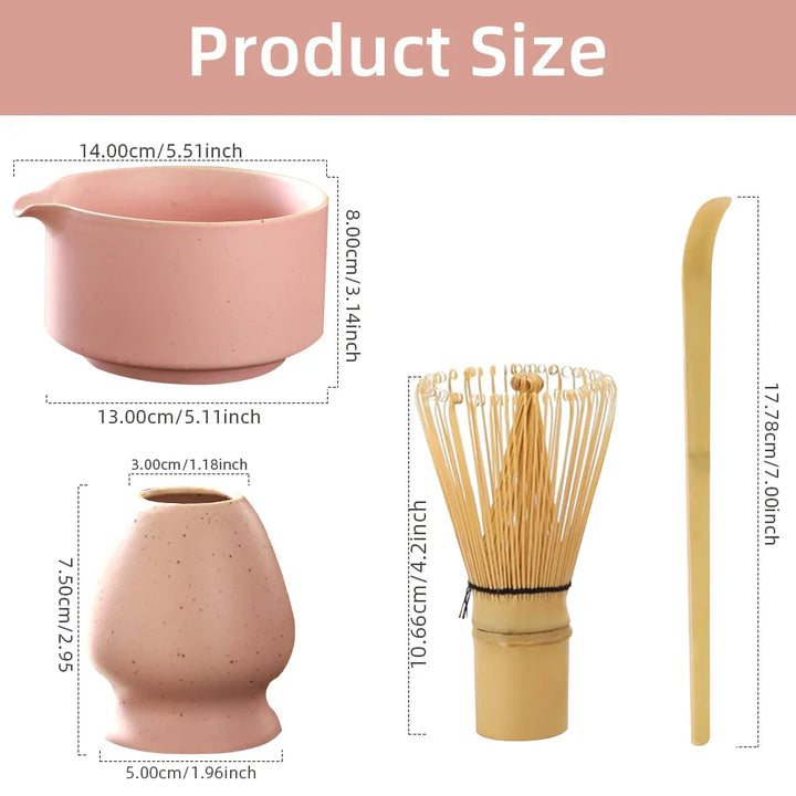 Set Matcha japonés Matchora – Set de té japonés de 4 piezas de 100% bambú con cuenco, batidor, cuchara y soporte