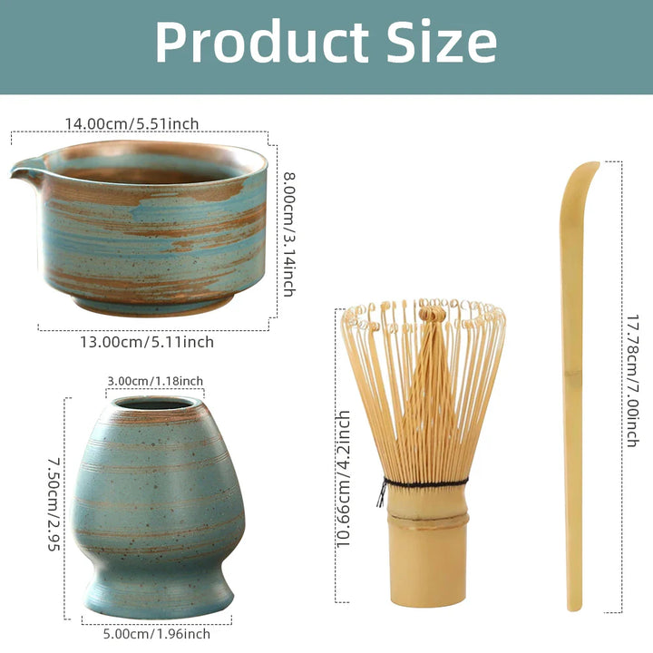 Set Matcha japonés Matchora – Set de té japonés de 4 piezas de 100% bambú con cuenco, batidor, cuchara y soporte