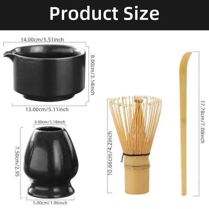 Set Matcha japonés Matchora – Set de té japonés de 4 piezas de 100% bambú con cuenco, batidor, cuchara y soporte