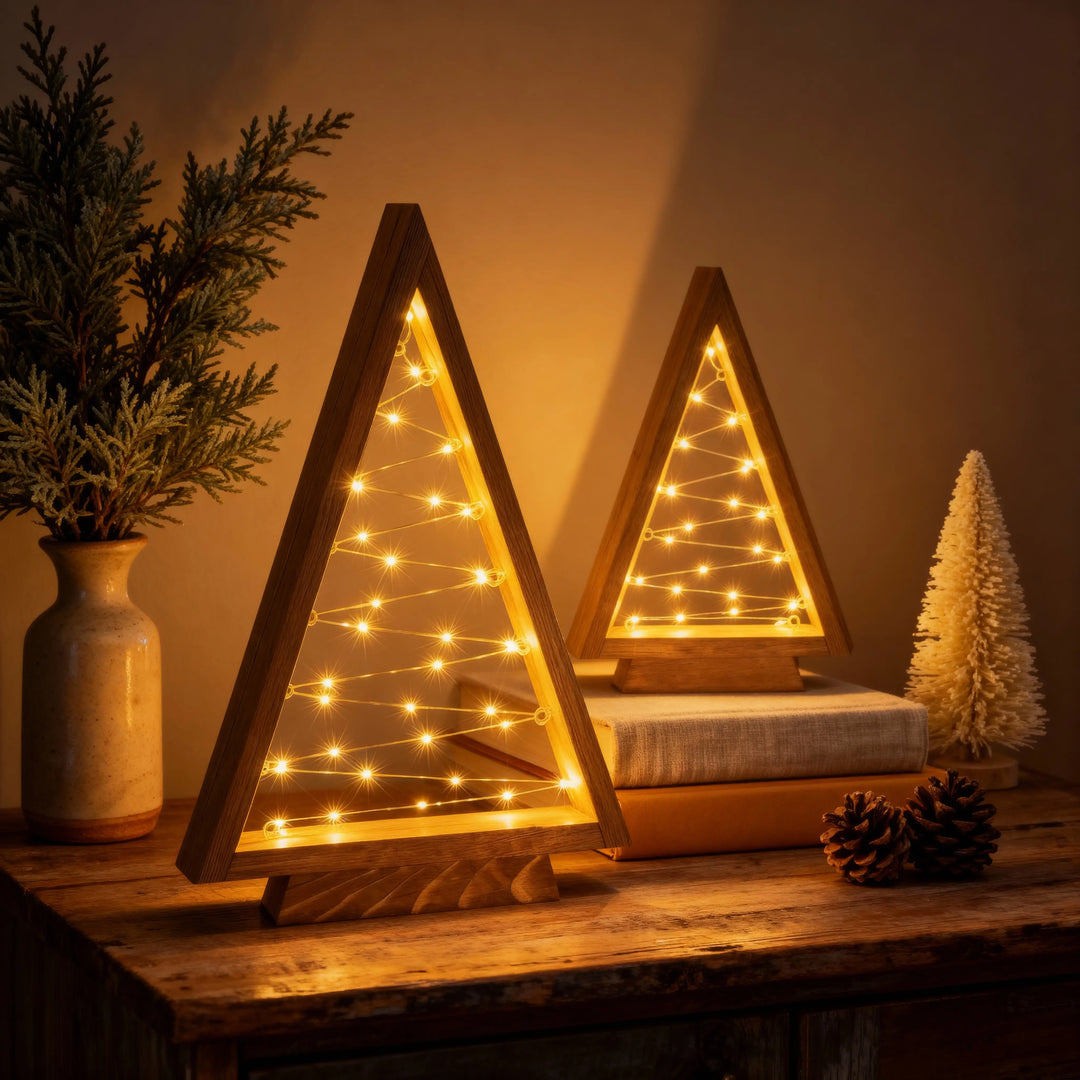 Wooden Triangle Christmas Trees – Lighted Tabletop Set With Star Fairy Lights Tevako