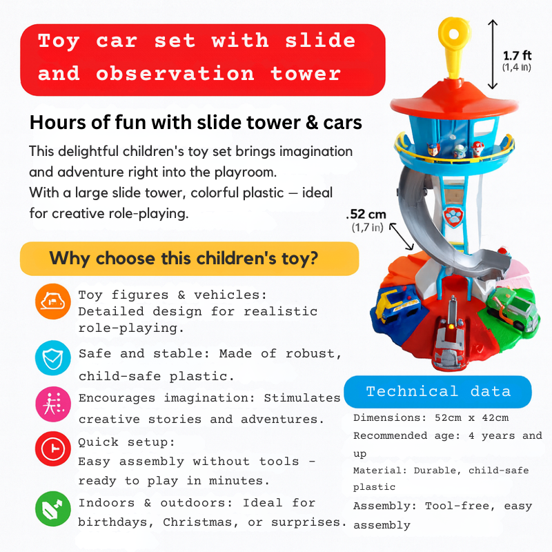 Speeltoren met Glijbaan en Auto’s – Interactieve Speelset met Voertuigen en Figuren Vestragear