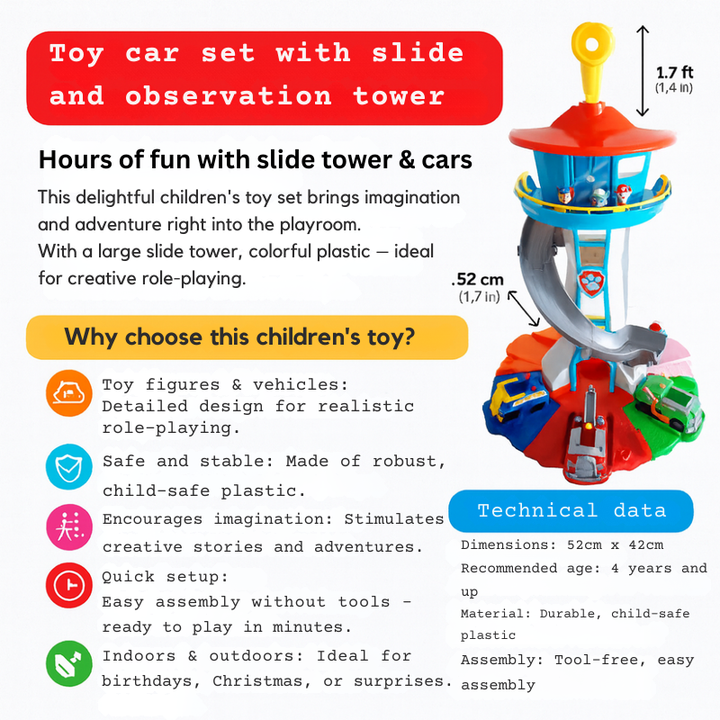Speeltoren met Glijbaan en Auto’s – Interactieve Speelset met Voertuigen en Figuren Vestragear
