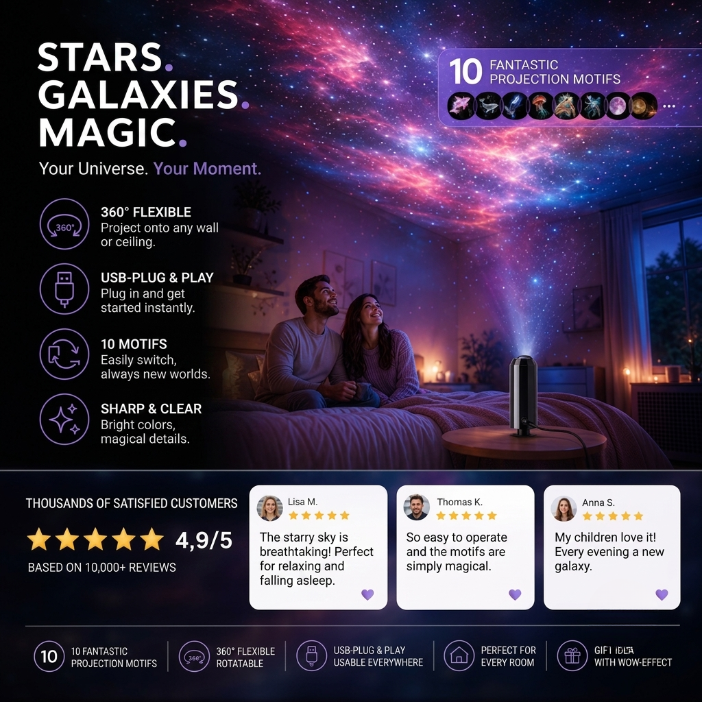 Sterrenhemelprojector – 10 Motieven & Flexibele USB-Arm Vestragear
