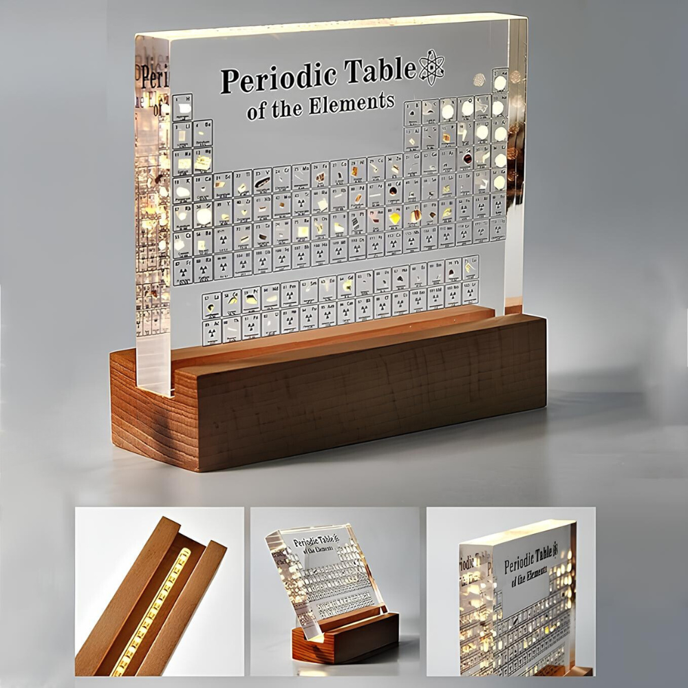 Elementa Verlichte Periodieke Tabel – Acryl display met houten voet &amp; 83 echte elementen