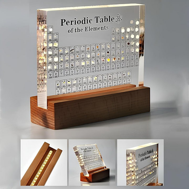 Elementa Verlichte Periodieke Tabel – Acryl display met houten voet &amp; 83 echte elementen