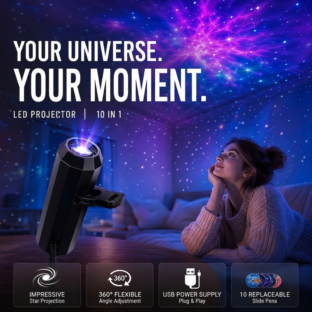 Sterrenhemelprojector – 10 Motieven & Flexibele USB-Arm Vestragear