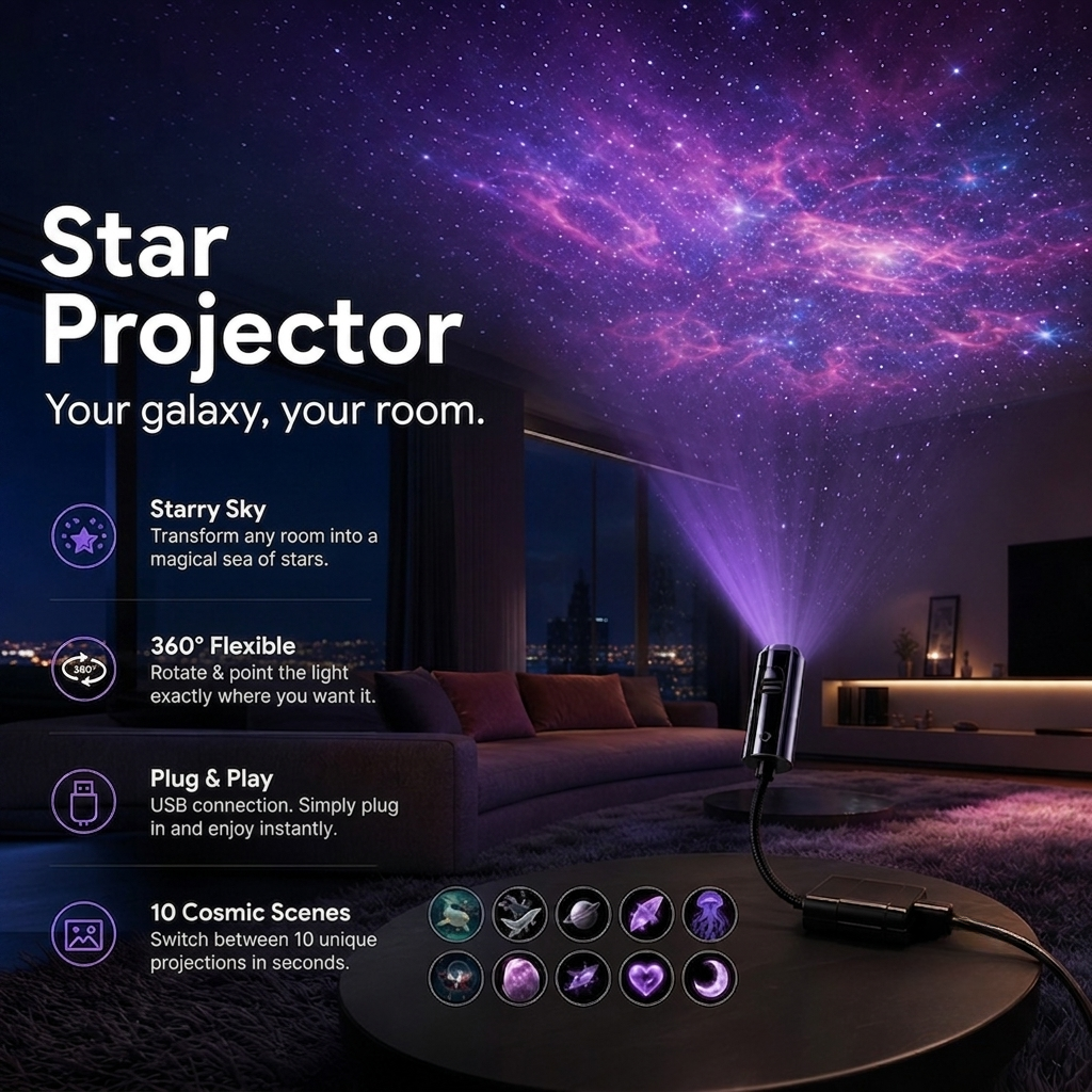 Sterrenhemelprojector – 10 Motieven & Flexibele USB-Arm Vestragear