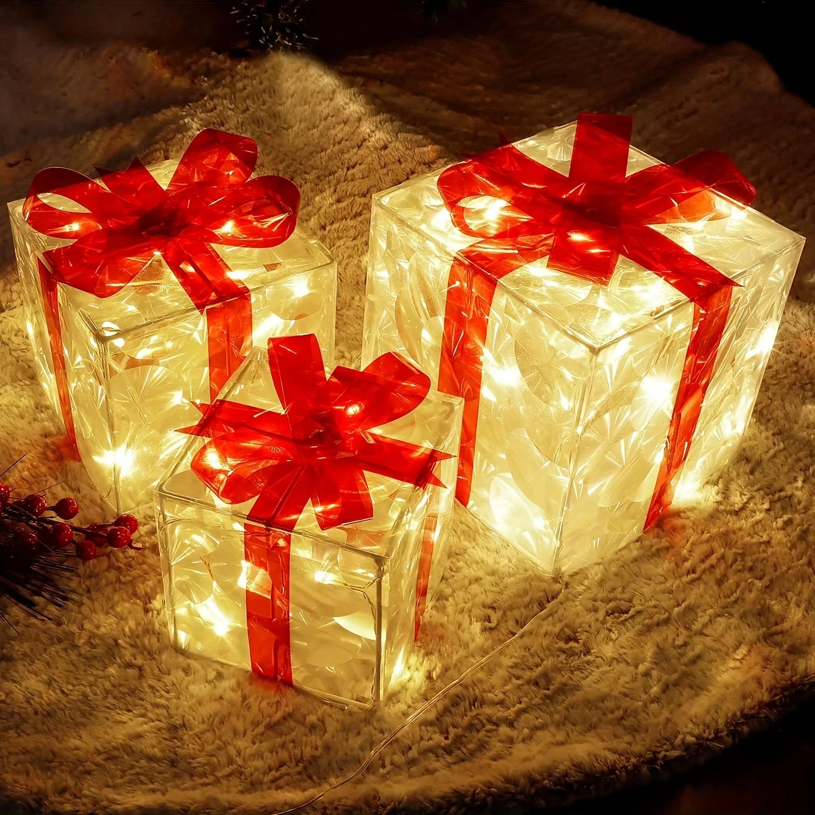 Verlichte Geschenkdozen Set van 3 voor Kerstdecoratie 2023, Multicolor LED 3